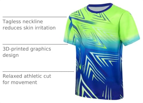 Kids Soccer T-Shirt Boys Athletic Quick Dry Moisture Wicking Size 7-14 Green Blue, 9-10 Years
