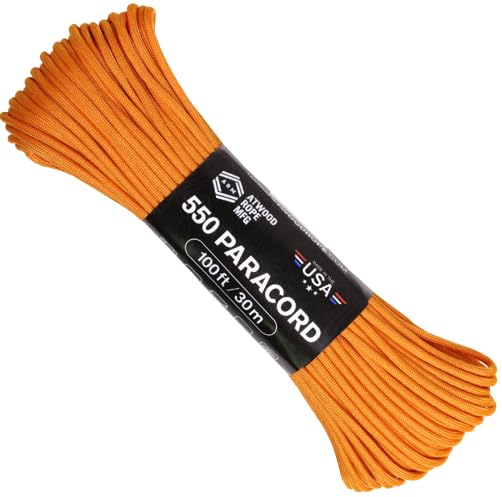 Atwood Rope MFG 550 Paracord 100 Feet 7-Strand Core Nylon Parachute Cord Outside Survival Gear Made in USA | Lanyards, Bracelets, Handle Wraps, Keychain (Alloy Orange)