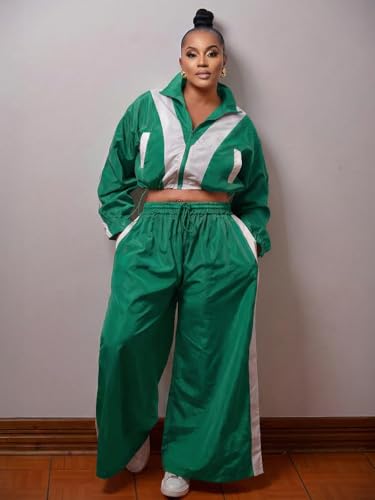 Women’s Track Suit Set Small Green Windbreaker Crop Jacket Wide Leg Pants