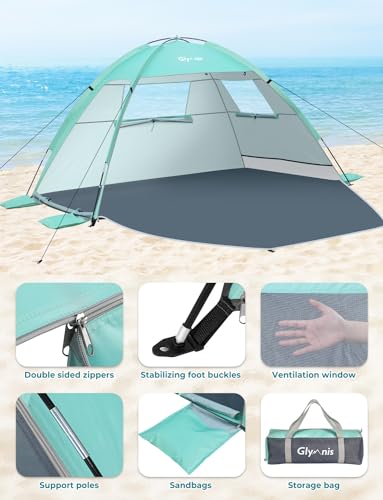 Glymnis Beach Tent Sun Shelter for 4 Persons, UPF 50+, Green - Easy Setup