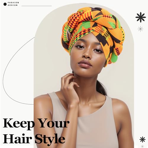 XEPST African Turban Head Wraps Big Braid Cross Turban Hat for Women, Printed Head Wrap Pre-Tied Stretchy Soft Fashion Headwear for Women, Yellow