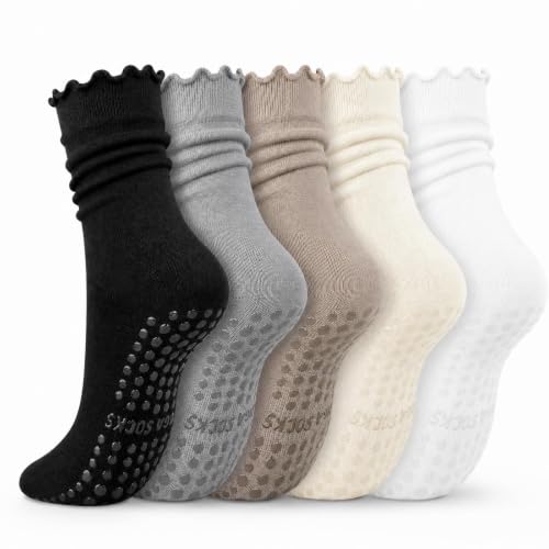 Pilates Socks with Grips for Women - Non Slip Yoga Socks with Ruffle, Beige Brown Grey White - Ludaro
