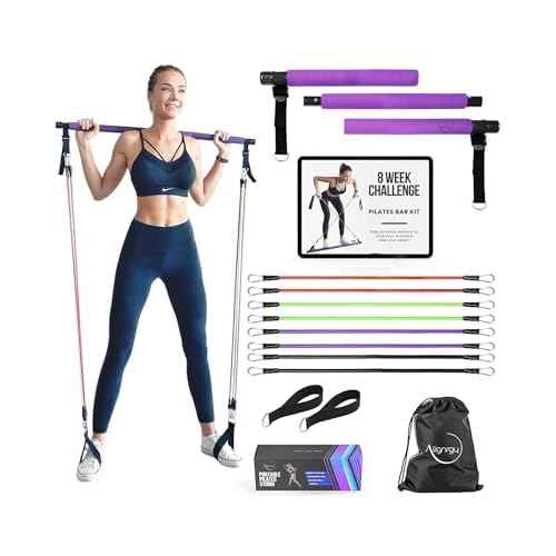 Portable Pilates Bar Kit with Resistance Bands (20, 30, 40, 50 LB) - 8 Week Video Program - Premium Quality Home Equipment 3 Section Pilates Bar with Resistance Bands Full-Body