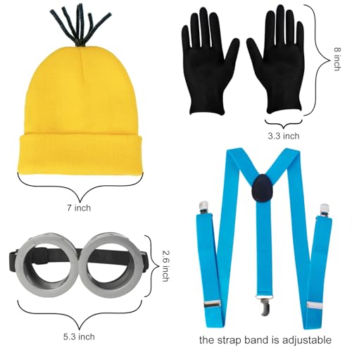 4 Pcs Halloween Costume Accessories Adults-Yellow Beanie Hat/Goggles/Gloves/Suspenders for Halloween Dress Up