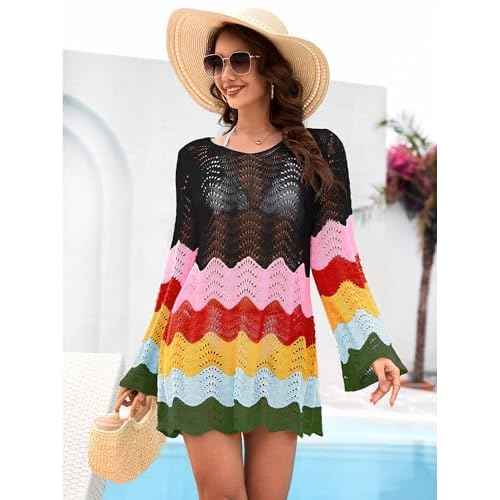 BB&KK Womens Crochet Swimsuit Cover Up Long Sleeve Summer Bathing Suit Color Block Bikini Mesh Knit Swimwear Beach Dress 2025