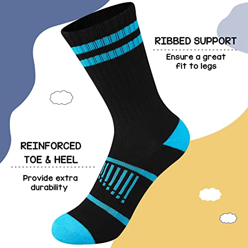 Comfoex Boys Crew Socks - Athletic Half Cushioned Calf Socks for 7-10 Years, Black - 6 Pairs