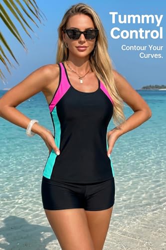 Women's X-Large Tankini Swimsuit with Tummy Control and Boyshorts - Black & Pink
