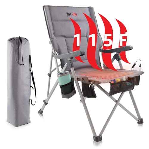 POP Design Hot Seat USB Heated Folding Camping Chair, Portable Reclining Padded Outdoor Chair w/Cup Holder, Storage Pockets, Waterproof 600D Polyester, 300 lb Capacity (Battery Not Included), 1-Pack