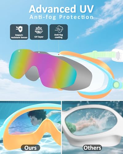 Kids Swim Goggles Anti-Fog UV Protection Wide View with Swim Cap - Yellow & Green