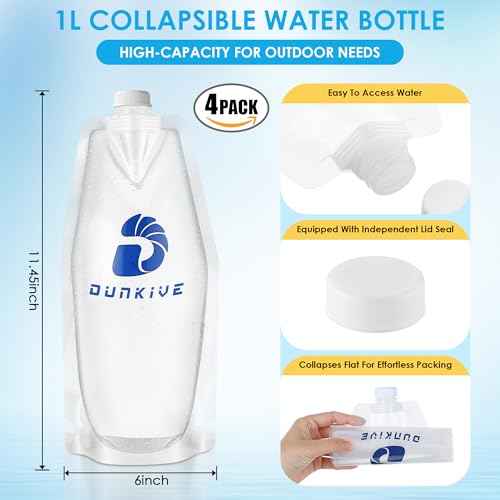 Filter Collapsible Water Bottles, 1L Canteens (32oz), Foldable Water Container for Traveling, Hiking, Camping, Backpacking - Lightweight, Reusable, Clear Design(4 Pack)