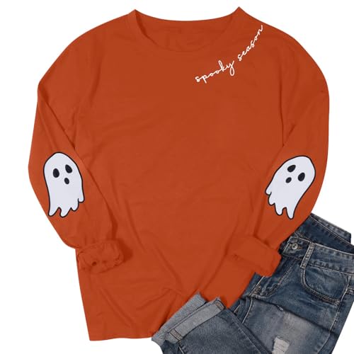 HEBBE Halloween Ghost Sweatshirt Women Spooky Season Pullover X-Large Orange