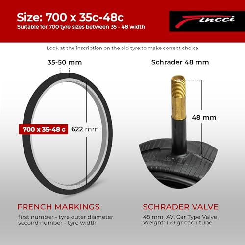 Fincci 700x35c / 38c / 40c / 42c / 45c / 48c Bike Inner Tube ? 48mm Schrader Valve 28c Inner Tube ? Butyl Rubber ? Fits Hybrid, Road & Gravel Bikes ? Pack of 2