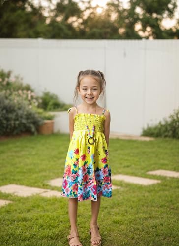 Girls Bohemian Rainbow Dress 2-12T with Necklace - Flower Yellow 9-10 Years