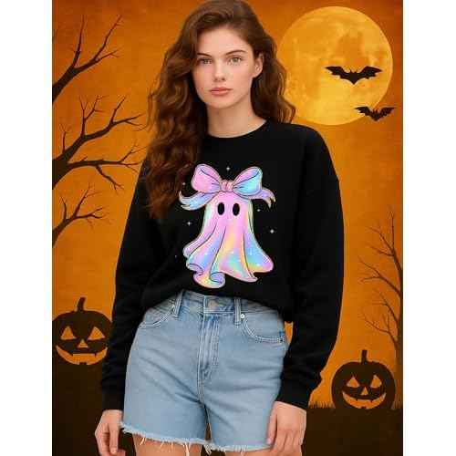 Halloween Sweatshirt Women Spooky Season Cute Black Cat Ghost Sweatshirts Fall Embroidered Pullover Top