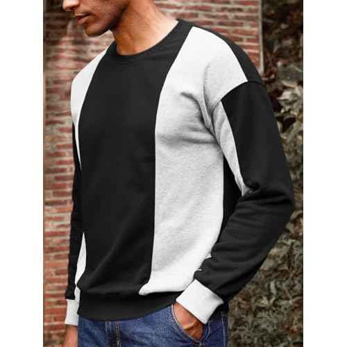 Runcati Mens Color Block Sweatshirt Pullover Crewneck Long Sleeve Fleece Casual Ribbed Patchwork Fall Tops