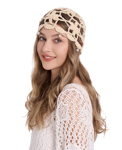 Women Cotton Crochet Skull Cap Beanie Hat - One Size Beige Beads Variation