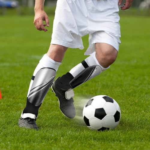 Kids Soccer Shin Guards - Silver & Black, Medium, Lightweight & Impact-Absorbing
