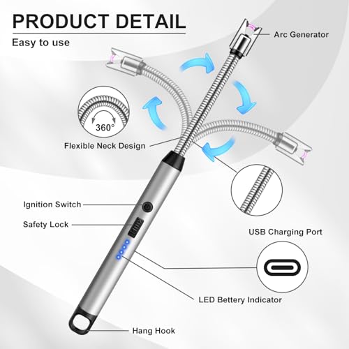 LcFun 3 Pack Candle Lighter Windproof Electric Arc Lighters with 360¡Æ Flexible Neck & Safety Lock, Christmas Stocking Stuffers Gifts, USB Rechargeable Flameless Long Matches for Candle Grill BBQ
