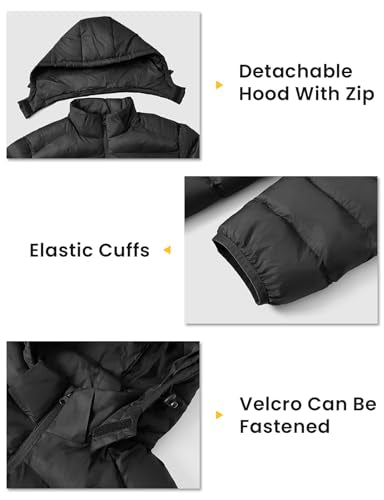 Men's Lightweight Puffer Jacket with Detachable Hood Water-Resistant Winter Coat - 4X-Large Black