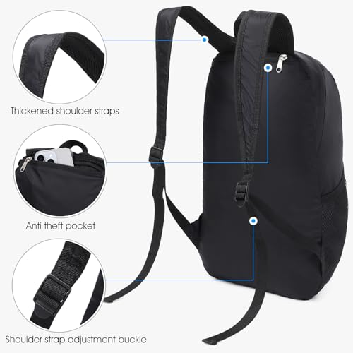 Lightweight Hiking Backpack Small,Waterproof Hiking Daypack,Foldable Backpack for Travel,Ultralight Daypack(Nylon, Black)