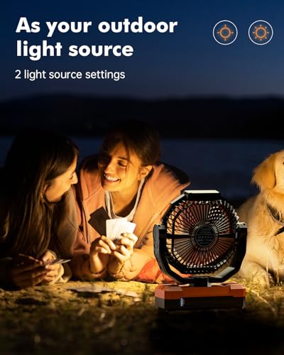 Orange 36000mAh Detachable Rechargeable Camping Fan with LED Light and Power Bank