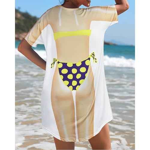 elescat Women's Beach Cover Up Bikini Printed Short Sleeve Tshirt Dress Baggy Cute Coverups