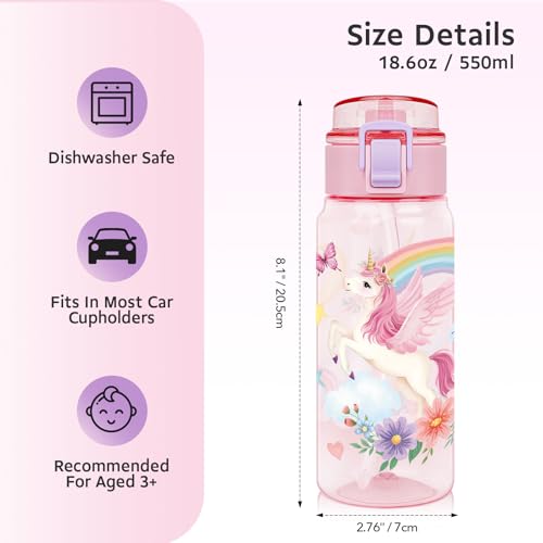 Pink Unicorn Kids Water Bottle 18.6oz BPA-Free Tritan with Handle & Straw