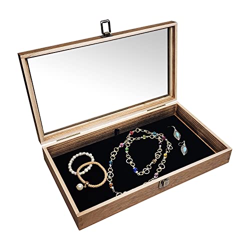 Wood Jewelry Display Case with Tempered Glass Top - Brown, 2.75 Inch High