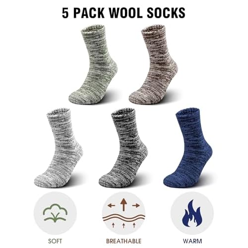 Yeblues 5 Pairs Thick Wool Socks Mens, Warm Winter Fuzzy Socks,Soft Hiking Socks Men Moisture Wicking Boot