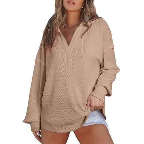 AlvaQ Womens Oversized Sweatshirt Loose V Neck Long Sleeve Lapel Collared Waffle Knit High Low Pullover Tops