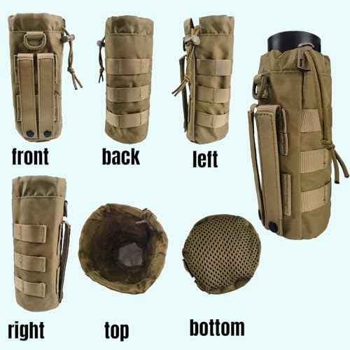 Tactical MOLLE Water Bottle Holder, Upgraded Water Bottle Pouch with Drawstring Open Top & Mesh Bottom, 16/24/25/32oz Water Bottle Carrier Bag with D-Ring Hook for Backpack