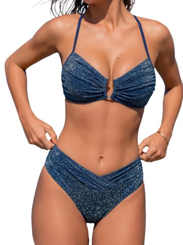 High Waisted Bikini Set for Women - U Wire Ruching Two-Piece Swimsuit - Large/Navy Blue