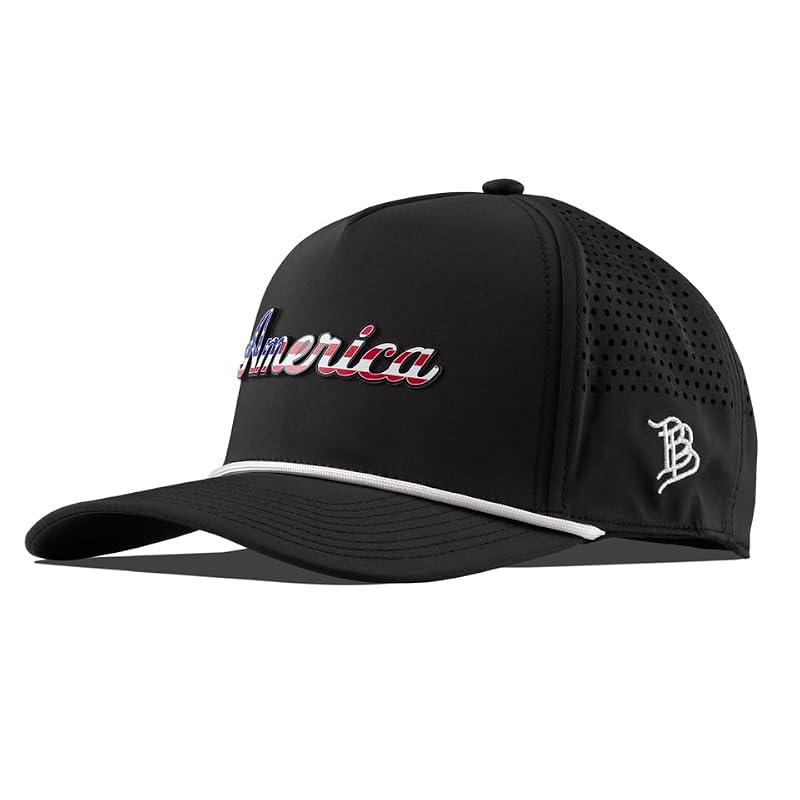 Branded Bills America Script Hat for Men - Black 5 Panel Curved Rope Cap