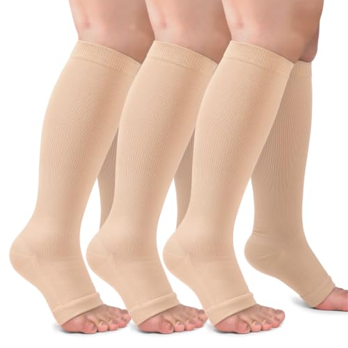Large-X-Large Toeless Compression Socks for Men & Women Knee High Stockings Beige