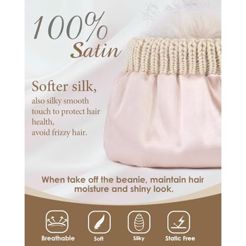 Winuesa Satin Lined Beanie for Women with Pom Pom, Fashionable Womens Winter Hats Silk Beanies, Cute Warm Knit Hat Skull Cap
