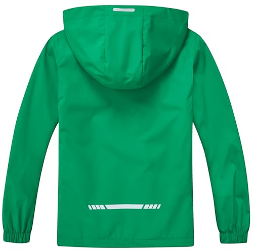 Kids Waterproof Rain Jacket - Green, 11-12 Years, Lightweight Windbreaker Hooded
