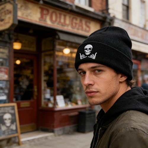 Winter Embroidered Skeleton Beanie Hat Skull Cap for Men Women - Black & White