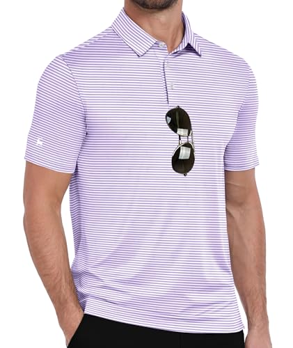X-Large Purple Striped Men’s Golf Polo Shirt Short Sleeve Collared T-Shirt