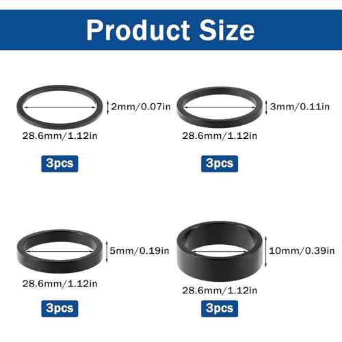 12 PCS Bike Stem Spacers 1 1/8, 4 Sizes Aluminum Alloy Bike Headset Spacers Bikes Handlebar Stem Spacers Fit 1-1/8 Inch Stem Mountain Bike Road Bikes Handlebar (10mm 5mm 3mm 2mm)