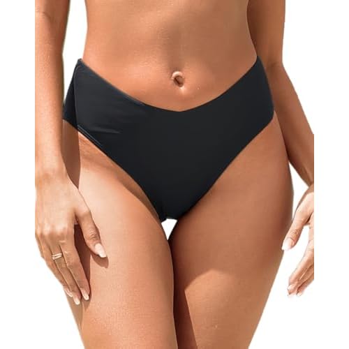 Zmart Women V Cut Cheeky Bikini Bottoms - Mid Waist High Cut Swim Bathing Suit Bottoms V Front Swimsuit