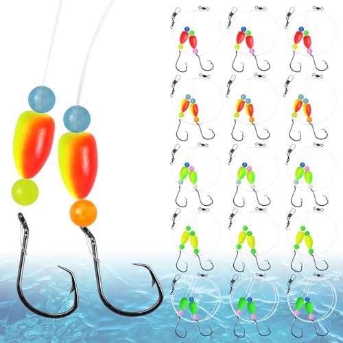 Pre-Rigged Saltwater Fishing Rigs with Floats Beads Double Circle Hooks - 5 Colors 15PCS