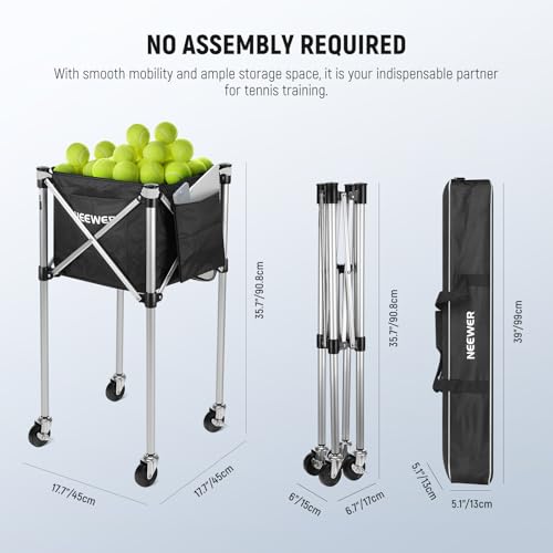 NEEWER Wheeled Ball Hopper Foldable Rolling Caddy Cart with Storage Bag, Three Accessory Side Pockets, Basket Holder for Up to 175 Tennis Balls or 120 Pickleballs, No Assembly Needed, TB02X