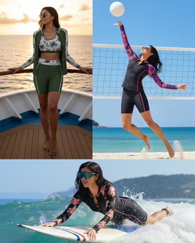Women 3-Piece Rash Guard Swim Set with Long Sleeve Shirt and Pockets - Purple Leaves XL