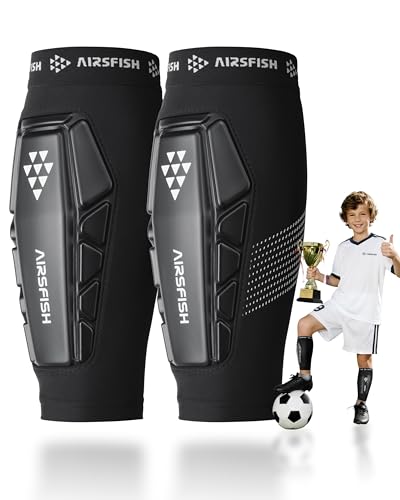 Youth Soccer Shin Guards with Impact-Absorbing Sleeves - Black, Medium (10.6-11.4")