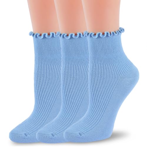 Women Ruffle Socks 3 Pack - Light Blue Breathable Ankle Socks for Girls