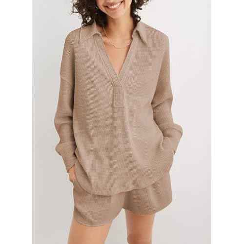 AlvaQ Womens Oversized Sweatshirt Loose V Neck Long Sleeve Lapel Collared Waffle Knit High Low Pullover Tops