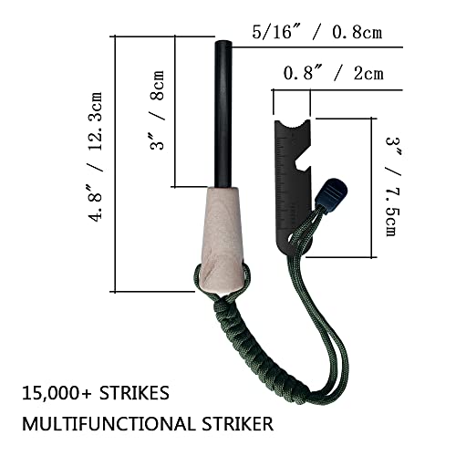 Fire Starter Survival Kit with Large Ferro Rod & Wick Hemp Cord - Green Bag