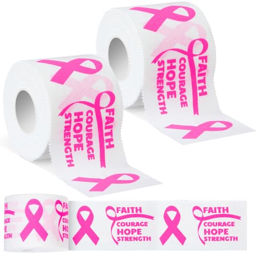 Geiserailie 2 Pack Breast Cancer Awareness Sticky Athletic Tape 2in x 30ft Pink Ribbon Cotton Sports Tape Wrist Wrap for Football Soccer Trainers Finger Wrist Ankle Men Women Gifts(White)