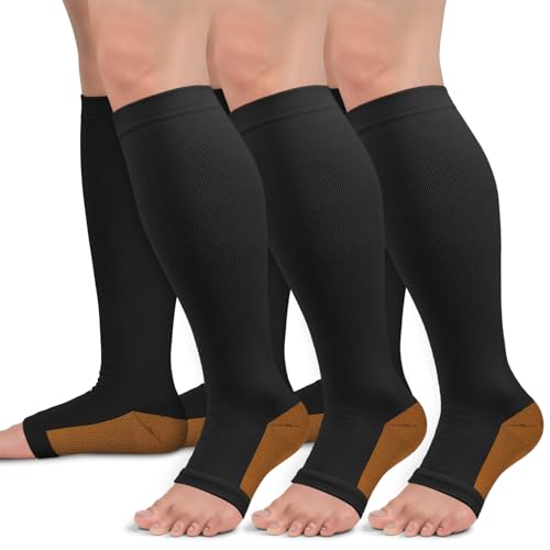 Copper Compression Socks for Men & Women 15-20mmHg Open Toe Support Black 3X-Large