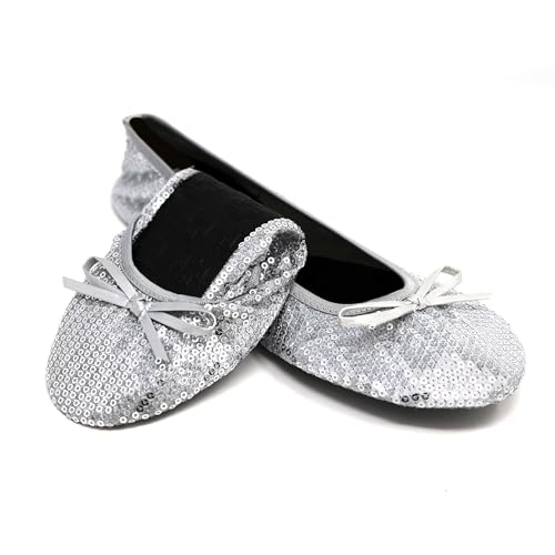 Silky Toes Foldable Sequin Shoes for Women - Silver, Wedding & Costume Flats